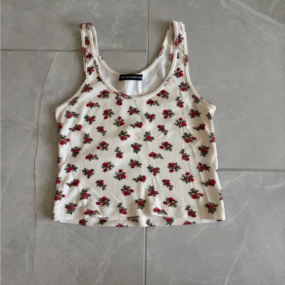 Brandy Melville Cream with Roses Sleeveless Crop Tank Top